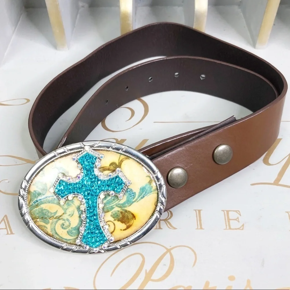 𝅺BROWN boho leather belt with rhinestone cross